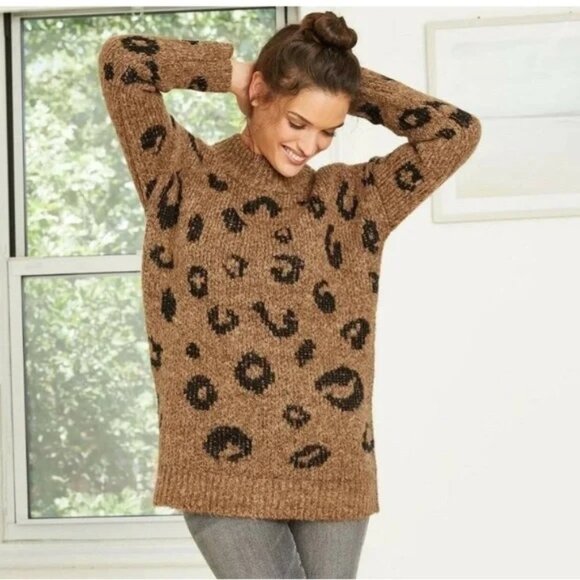 Universal Thread Leopard Print Oversized Tunic Sweater M Womens Chunky Brown - Picture 1 of 9